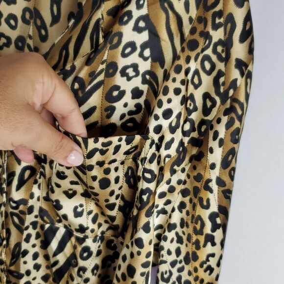 L SATIN LEOPARD Black Brown Long Sleeve button front lounge top blouse LARGE - Picture 9 of 14